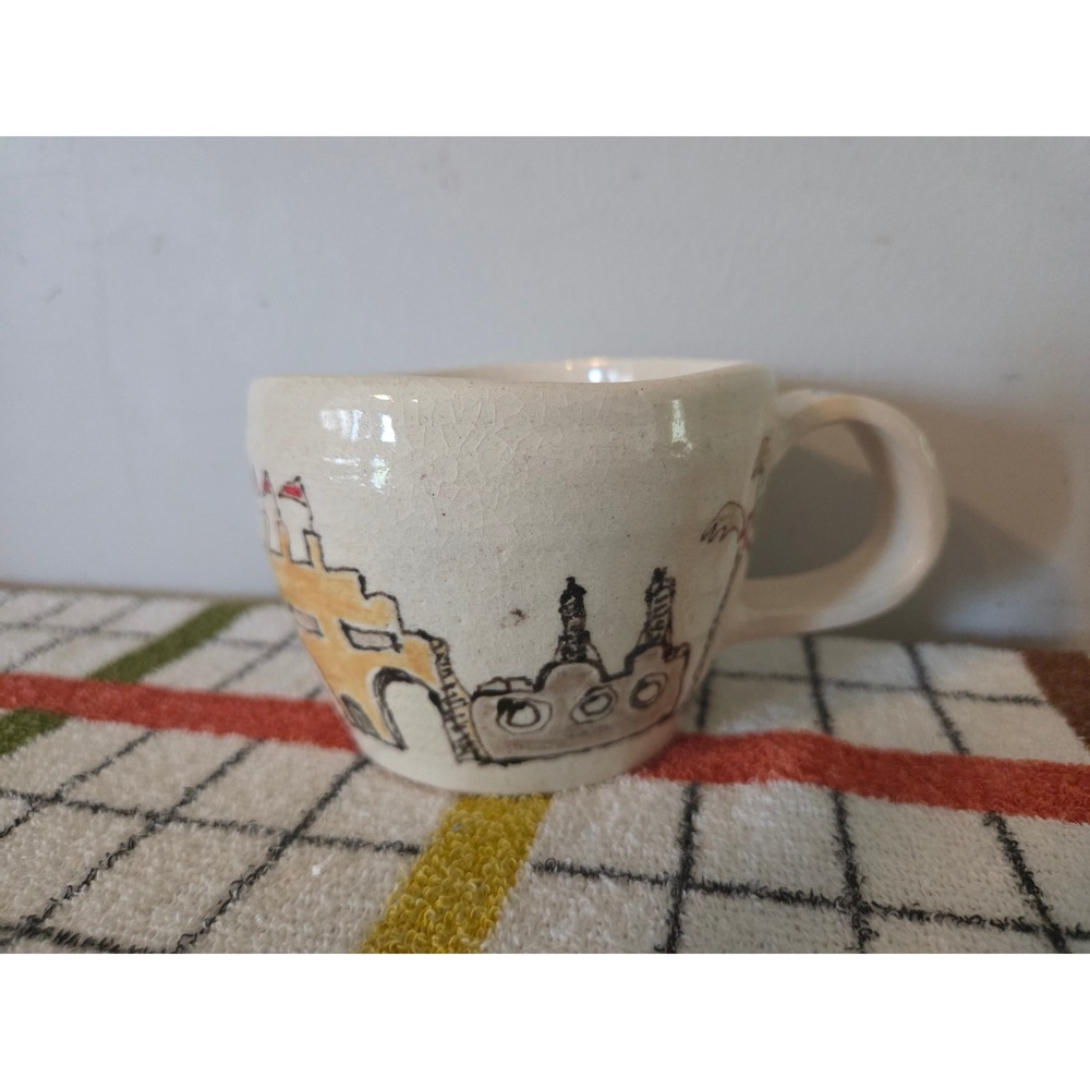 KOL Studio Pottery Handmade Whimsical Castle Train Coffee Mug Crackle Glaze